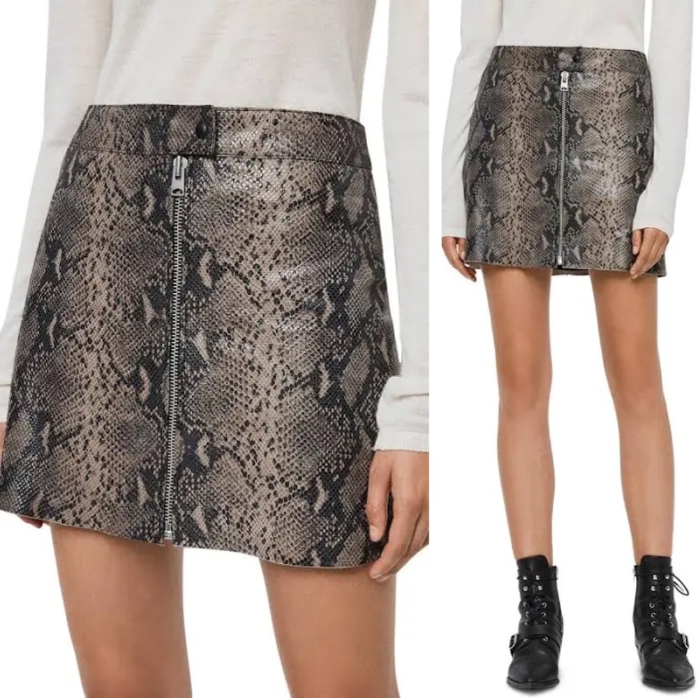 AllSaints lena oba leather skirt in snake print | Size 4